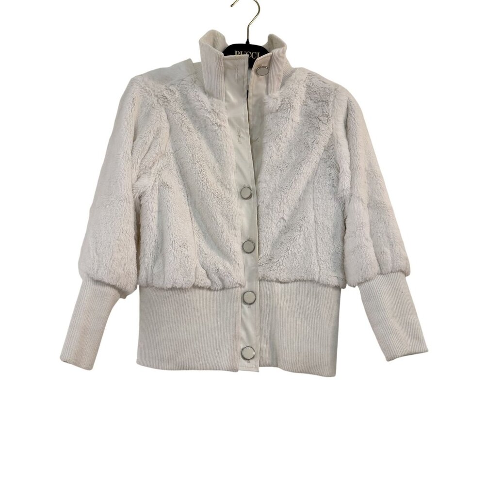 Y2K Dérotchild Faux Fur Bomber Jacket Ivory White Puff Sleeve Ribbed Hem Small - Picture 4 of 9